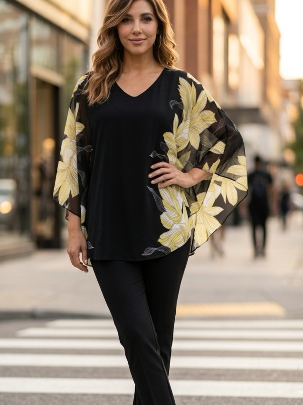 Joseph Ribkoff Black and Green Boxy Blouse with V-Neck